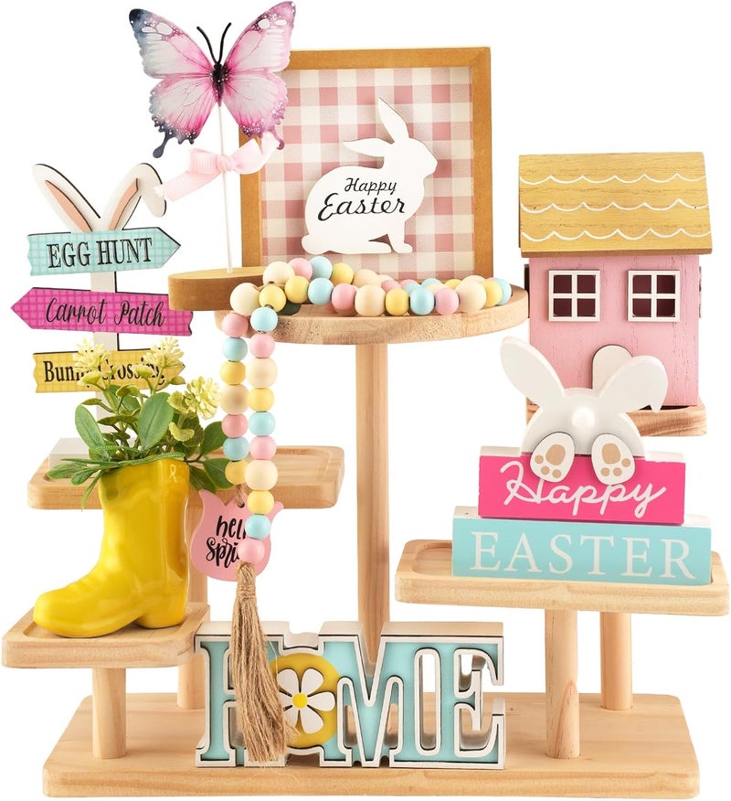 SYNCVIBE Spring Decorations, 8 Pieces Easter Spring Tiered Tray Decor, Home Office Table Shelf Decor Gifts, Tray Objects Decoration Bundle Bunny Bead Garland Wood Plaques Signs Decorative Ornament Set - Image 1